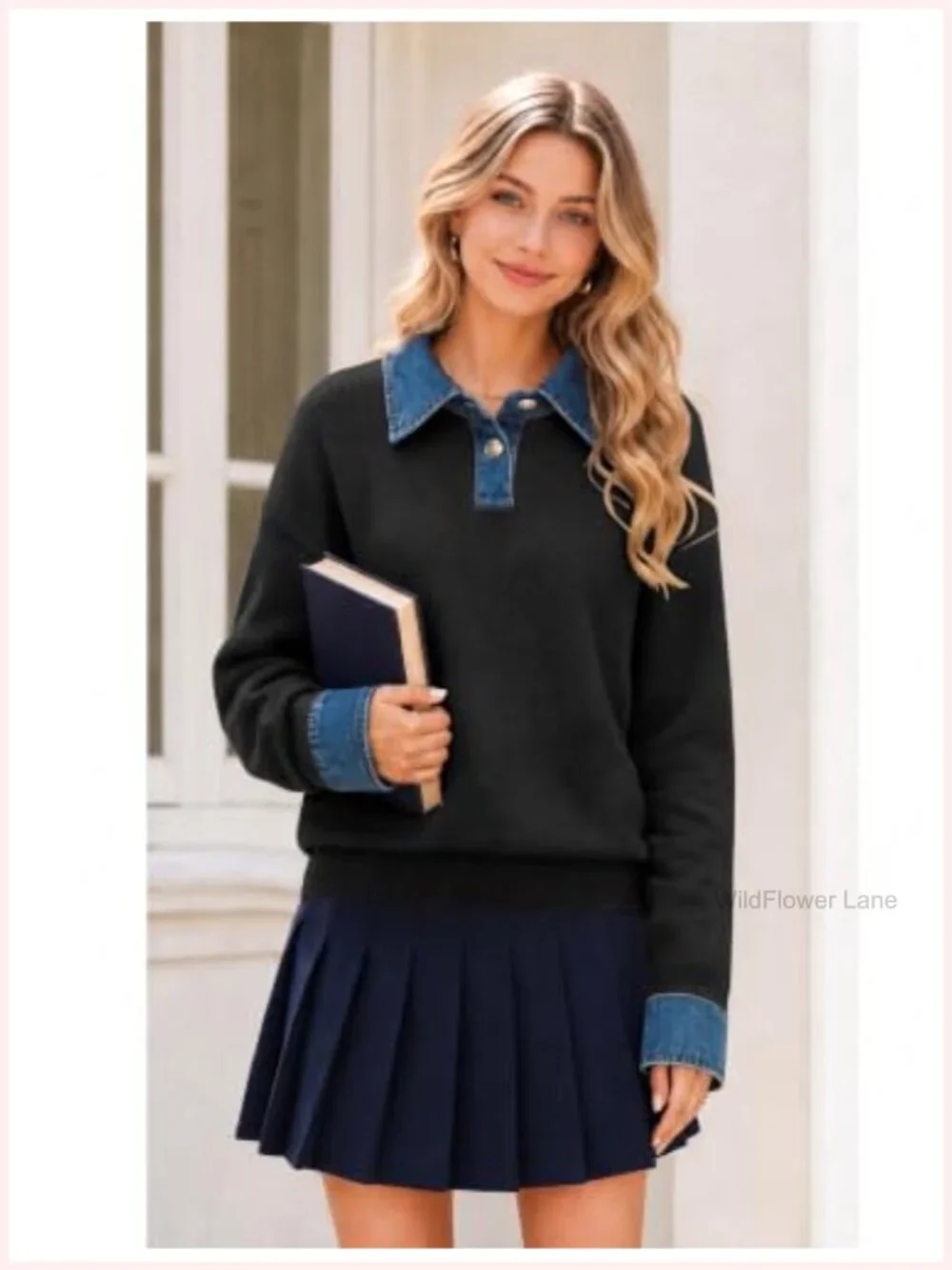 Women's Oversized Denim Polo Knit Collared Pullover Sweater